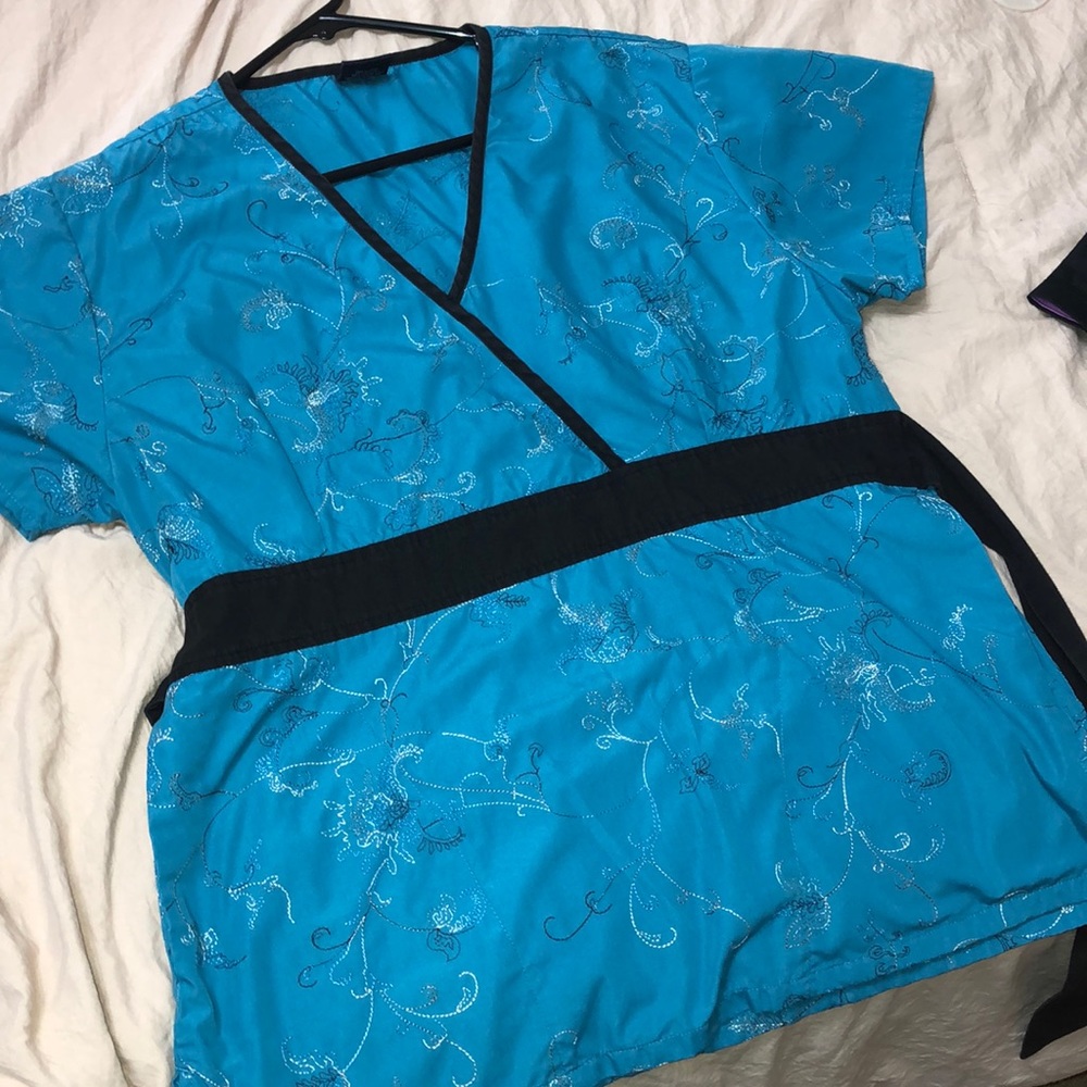 Turquoise embroidered scrub top